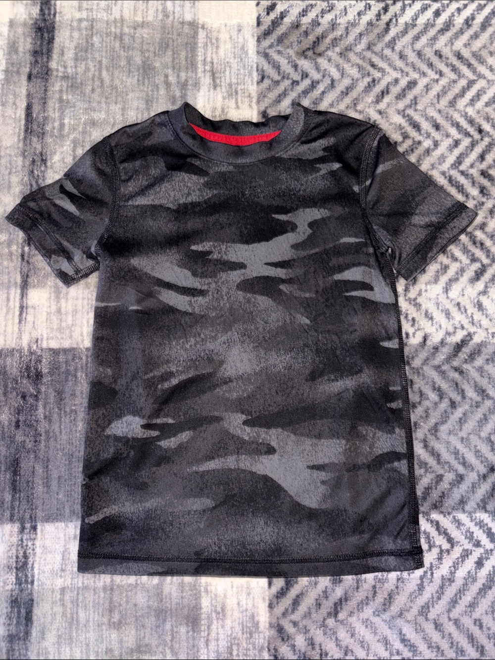 all in motion Black & Gray Camo Tee with Red Neck Detail